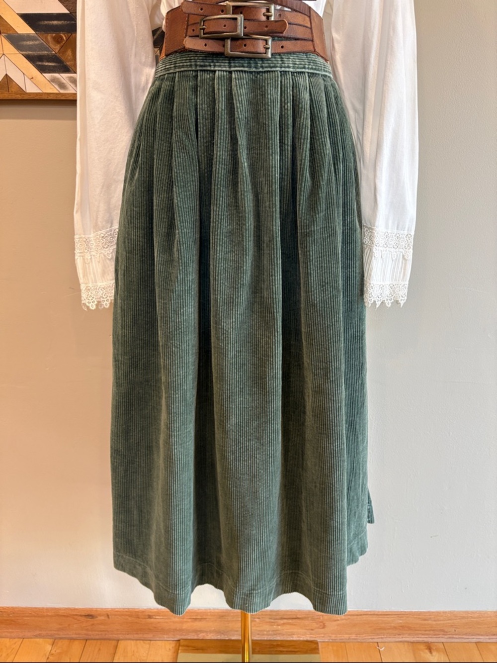 Vintage Ralph Lauren Green Cotton Corduroy Prairie Midi Skirt size 6 - Picture 2 of 12